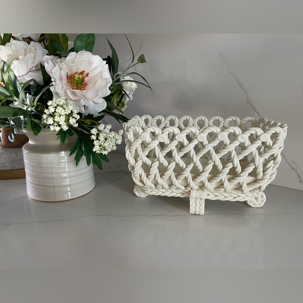 French Country White Ceramic Woven Rope Cachepot Basket
